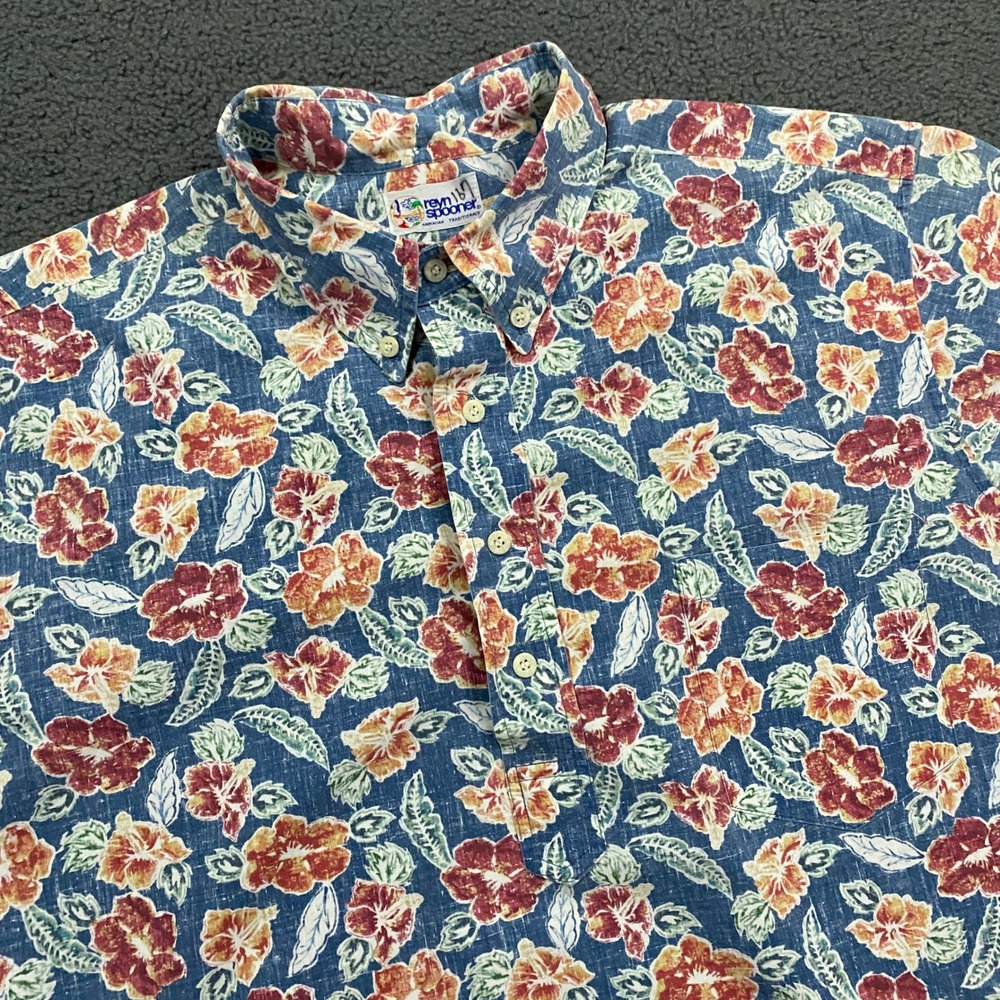 Reyn Spooner Shirt FITS XL Blue Floral Hawaiian Aloha Popover Pullover Vintage